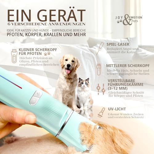 JOY & EMOTION® 6 in 1 Schermaschine für Katzen und kleine Hunde, Hundeschermaschine mit Laser und UV-Licht zur Erkennung von Wunden | Kabellose Tierhaarschneidemaschine | LEISER Pfotentrimmer Hunde