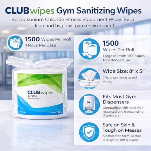 Image of CLUBwipes Gym Equipment Wipes Refill Rolls - 6000 Bulk Sanitizing Wipes for Fitness Centers, Gyms & Wellness Facilities - Commercial Cleaning Wipes for Gym Equipment - 4 x 1500 Roll Refill Pack