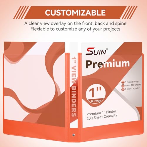 Image of SUIN 1 Inch 3 Ring Binder, Clear 1'' View Presentation Binders with 2 Pockets, Fits 8.5 x 11 Letter Size, Durable Polypropylene, Non-Stick & PVC-Free for School, Office & Home (Orange)