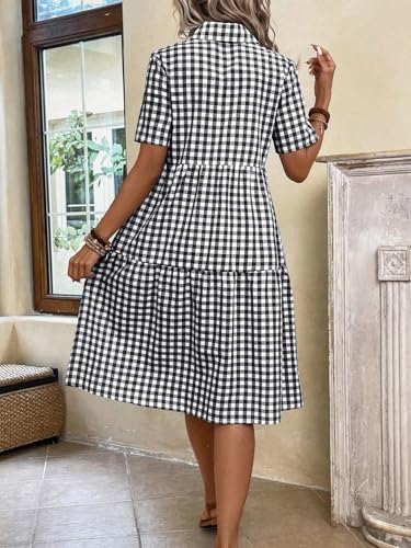 chouyatou Women's Plaid Short Sleeve Button Down Shirt Dress Retro Gingham Button Up Tunic Midi Long Dress3