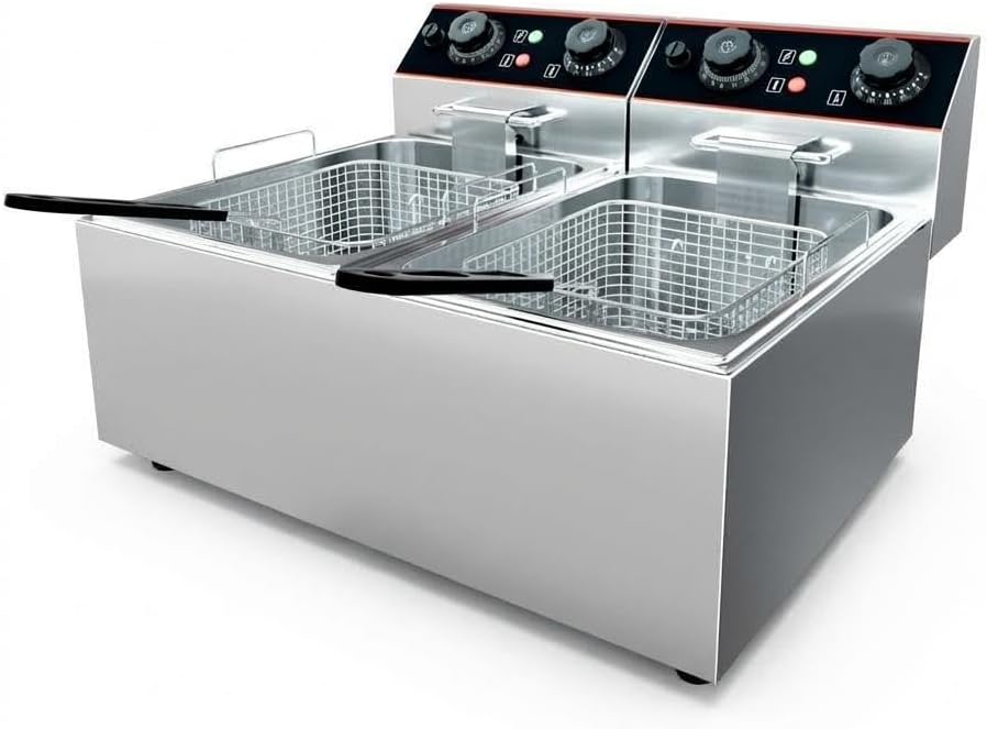 Commercial Deep Fryer, Deep Fryer with Basket, Countertop Fryer, 8L Stainless Steel Dual Basket Electric Fryer with Adjustable Temperature for Restaurant Concession Stand Home