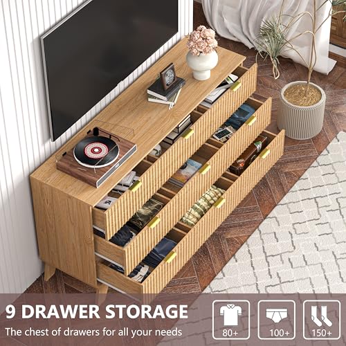 Image of Oak Dresser 9 Drawer Dresser for Bedroom, 57''Wide Fluted Wooden Dresser Storage Cabinet and Chest of Drawers with Metal Handle, Storage Organizer for Living Room, Hallway, Entryway