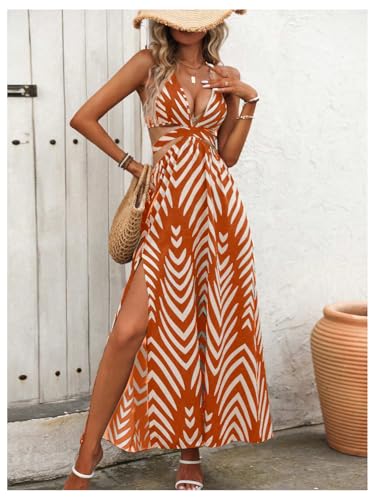 Image of SOLY HUX Women's Tie Backless Cut Out Halter Dress Deep V Neck High Split Long Flowy Dresses