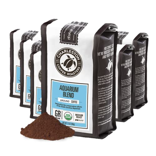 Charleston Coffee Roasters | Specialty Organic Ground Coffee | Hand Picked, Premium Slow Roast (Aquarium Blend, Medium Roast) 12 Ounce, Pack of 6