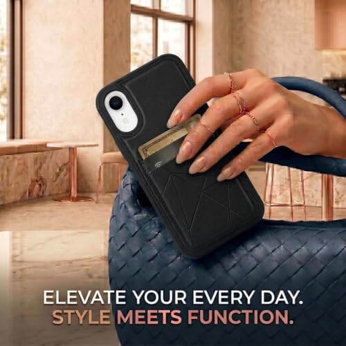 Image of amazon basics Premium Vegan Leather Back Cover with Card Holder and Integrated Mobile Stand for iPhone XR - Slim Shockproof Wallet Case with Geometric Stitching [Black]