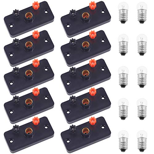 Keadic 10 Pieces E10 Screw Mini Bulb Holder & 1.5V 0.3A Screw Mini Bulbs Kit, Black Plastic Pure Brass Lamp Bases Student Experiment DIY Accessories Screw Type Bulb Socket