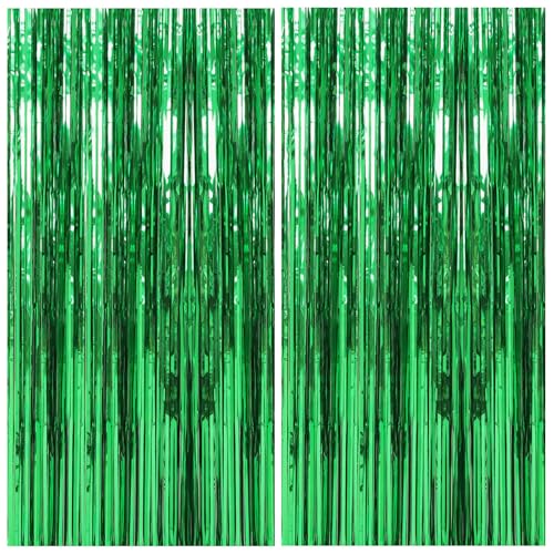 Image of 2 Pack Foil Curtain Backdrop Green Metallic Tinsel Foil Fringe Curtains Photo Booth Props for Birthday Wedding Engagement Baby Shower Bachelorette Christmas Holiday Celebration Party Decorations