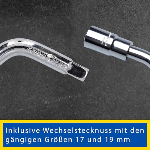 GOODYEAR 75521 Teleskop Radmutternschlüssel, ausziehbar, inklusive Wechselstecknuss 17 mm und 19 mm, rutschfeste Beschichtung, Chrom-vanadium-stahl