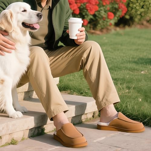 FITORY Men's Warm Suede Slippers,Winter Comfy Casual Fuzzy Lined Leather House Shoes for Indoor Outdoor Matte Brown Size 10.5