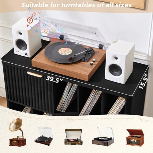 Image of LEYAOYAO Large Record Player Stand with Vinyl Storage Up to 450 Albums, Wood Fluted Boho Record Storage Accent Cabinet, Modern Stereo Media Cabinets, Wide Turntable Stand for Living Room, Black Oak