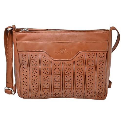 Laura Valle Bolso Bandolera Mujer Mediano Modelo Bella – Bolso Piel Auténtica Mujer Con Filigrana Repujada, Cremalleras Seguras y Múltiples Compartimentos Para Uso Diario Y Oficina (Cuero)