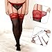 Plus Size Thigh High Stockings for Women, Semi Sheer Stay Up Thigh Highs Suspender Garter Belt Lingerie Pantyhose Tights (Red Black)