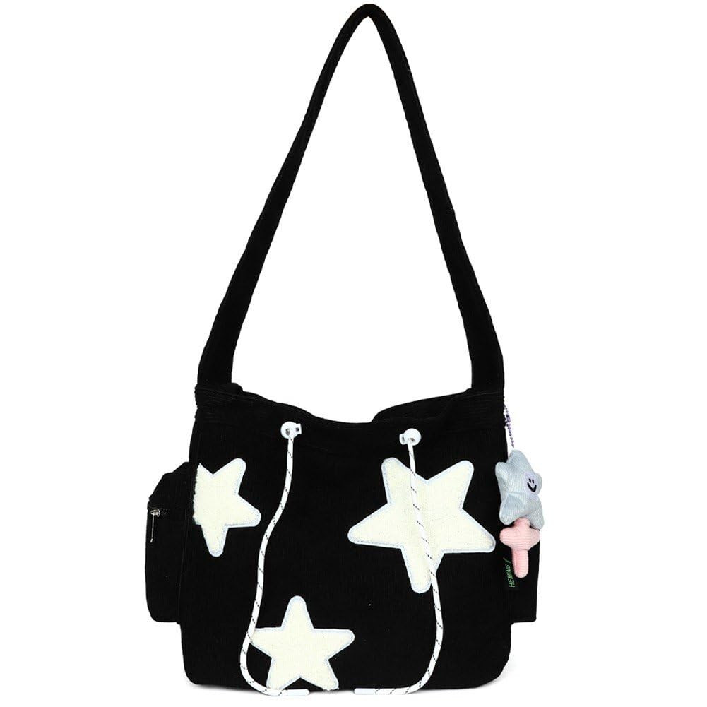Fituenly Women's Black Y2k Corduroy Shoulder Bag Large Cute Star Crossbody Bags Tote Bag Kawaii Messenger Bag Commuting Tote For School Office Work Travel Shopping