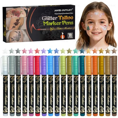 18 Farben Tattoo Stifte Kinder Temporäre Tattoos Glitzer Tattoostifte Kinder für die haut Tattoo Stift Wasserfest - Ideal Geschenk für Mädchen Geburtstage Party Halloween Weihnachten