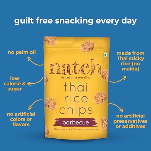 Image of Natch Thai Sticky Rice Chips pack, Healthy Snacks 100% natural with or Trans Fats, Vegan & Gluten Free, Low Calorie Healthy Chips for Adults & Kids with Low, 100g, Barbecue