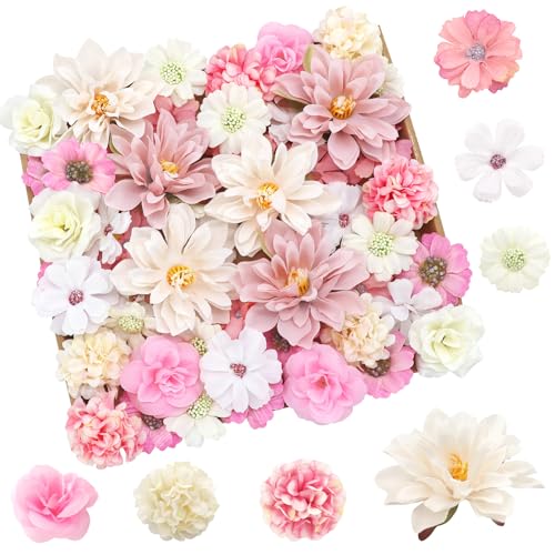 YSUVIN 50 peças flores de tecido, 10 tipos diferentes de flores artificiais, flor artificial para bolo casamento festa disfarces casa grinalda decoração parede, rosa e branco