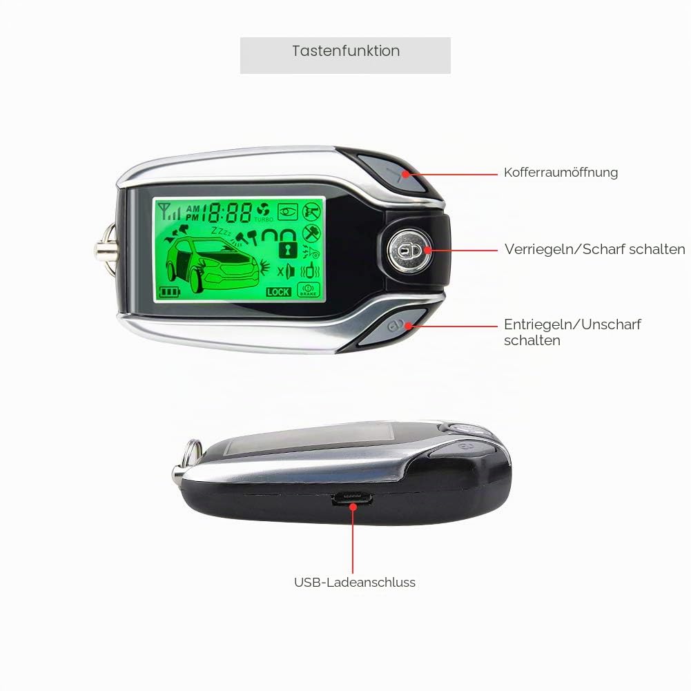 EASYGUARD 2-Wege-Autoalarmanlage EC204 mit PKE-Passiv-Keyless-Eingang, wiederaufladbarem LCD-Pager-Display & Stoßwarnung DC12V