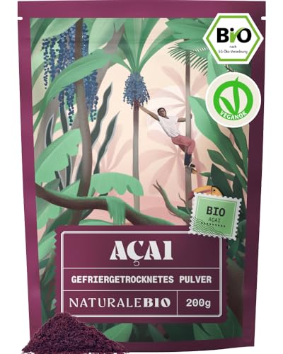 NaturaleBio Acai Pulver 200 g gefriergetrocknetes Acai-Beeren Pulver (Freeze-Dried) aus Brasilien - Getrocknete Rohkost aus der Acai-Frucht, ideal für Smoothies und Gesundheitsdrinks (1er pack)