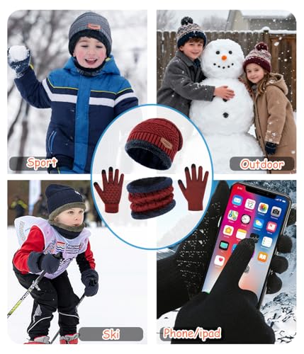 Image of Kids Winter Hat Scarf&Touchscreen Gloves Set,Knitted Beanie with Fleece Lining, Neck Warmer for Boys Girls 4-15 Years