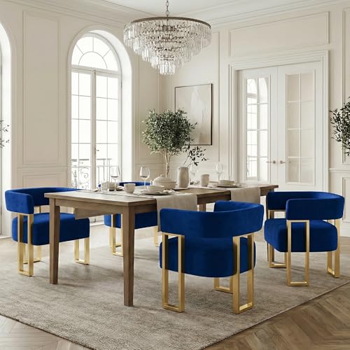 Image of Velvet Dining Chairs Set of 4, Blue Upholstered Accent Armchairs, Gold Legs