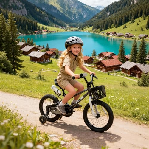 Image of WinHope 12-18 Inch Kids Bike with Light up Training Wheels for Boys Girls | Dual Brake Bicycle with Basket Adjustable Seat Water Bottle for Summer Riding Birthday Gift for Toddler 2-9 Years