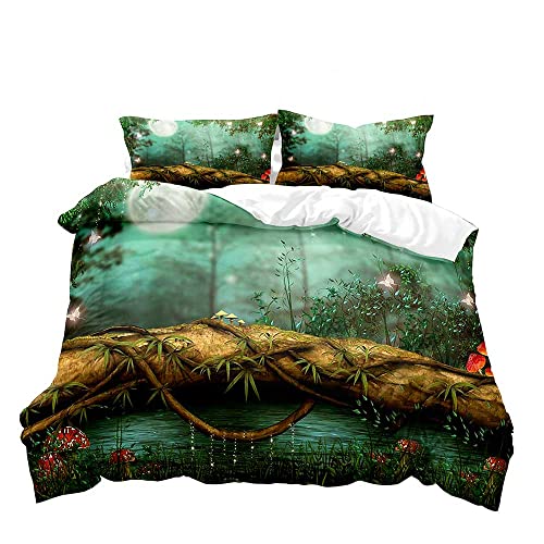 Vivihome 3Pcs Green Enchanted Forest Bedding, Duvet Cover Queen, Fantasy Plant Fairy Glowing Butterfly Red Trippy Mushroom Bedding, Quilt Cover, Comforter Cover, Girls Kids Room Decor, 2 Pillow Shams #TOP1