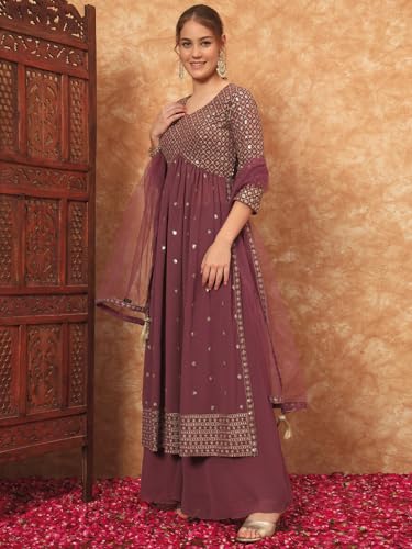 Image of SHOPPING QUEEN Women's Georgette Embroidered Kurta and Palazzo Set