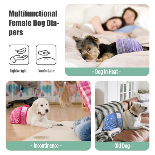 Image of wegreeco Female Dog Diapers, Washable Reusable Pet Puppy Doggie Diapers for Small Medium Large Female Dogs in Heat Period, Doggy Period Panties, 5 Pack, Large, Purple Red Flowers