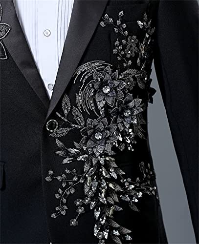 Mens 2 Pieces Luxury Embroidered Suits 1 Button Print Dinner Tuxedo Jacket Pants Prom Wedding Elegant Blazer Dress Suit (Black,Large)4