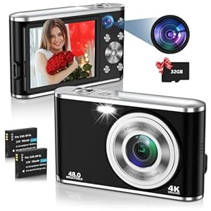 Digital Camera, UHD 4K Digital Camera with Front and Rear Camera, Autofocus 48MP 16X Digital Zoom Vlogging Camera with 32GB Card, 2.8 Inch Screen Compact Photo Shoot Camera for Beginners(Black)
