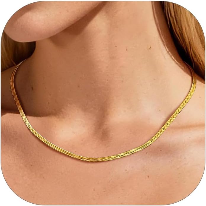PROSTEEL 3mm/5mm Herringbone Choker Necklace for Women, 12.5"/15"/18", Stainless Steel/Sterling Silver Flat Snake Chain in Silver/Yellow Gold/Rose Gold/Black, Come with Box