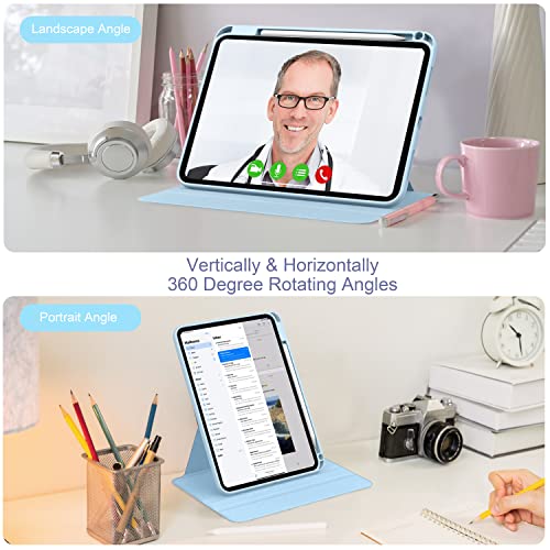 Supveco Ipad 10Th Generation 2022 Case With Pencil Holder - (360 Degree Rotation & Auto Wake/Sleep), Premium Folio Stand Case With Flexible Viewing Angles For Apple Ipad 10.9 Inch 2022-Ice Blue #TOP6