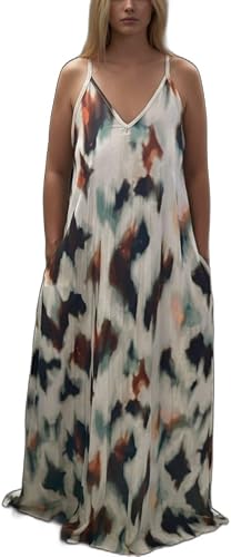 Womens Maxi Pleated Pocket Dress-Brown Printed