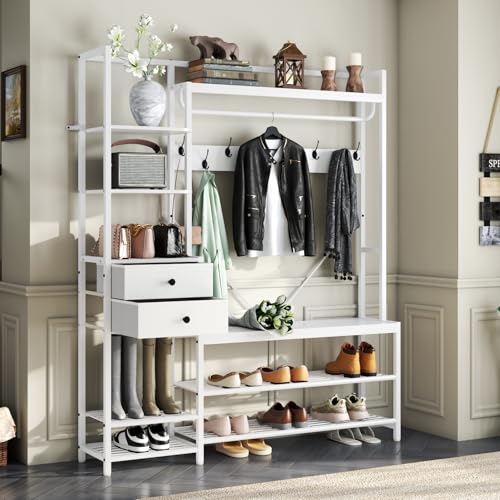 7-in-1 Hall Tree with Bench and Shoe Storage, 55″ Entryway Bench Coat Rack | White Freestanding Coat Rack, Multi-Tier Shelves, 2 Drawers ,Shoe Rack with Hooks,Sturdy Metal Frame