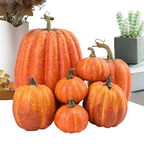 LAFANDE Fall Pumpkin Decor, 7 Orange Fake Pumpkin Fall Decorations, Harvest Decorative Pumpkins Foam Pumpkins for Fall Halloween Thanksgiving Decorating Embellishing and Displaying