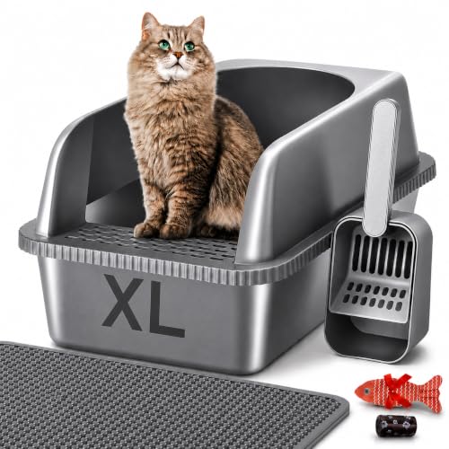 Stainless Steel Cat Litter Box XL with Lid Mat & Scoop Enclosed Cat Litter Box for Multiple Cats Non-Stick Leak-Proof Easy Clean Odor & Rust Resistant Anti-Bacteria | Free Fish Toy & Waste Bag