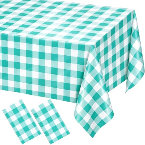 Image of WNINK 2 Pack Mint Green Gingham Tablecloths, 54 x 108 Inch Disposable Waterproof Plastic Table Covers for Rectangle Tables, Picnic, Birthday Party, Baby Shower and Celebration