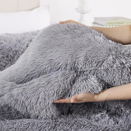 Smoofy Fluffy King Size Comforter Set, Faux Fur Comforter Set, Luxury Fuzzy King Bedding Set, Soft Shaggy Bed Set for All Season, 3 Pieces - 1 Comforter & 2 Pillowcases, Grey