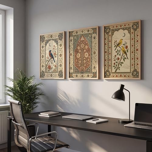 Image of NoWorries Bird Floral Wall Art Set of 3 Framed Prints | Indian Traditional Botanical Painting, Vintage Rajasthani Bird Poster, Royal Ethnic Wall Decor for Living Room Bedroom Home (Synthetic Engineered Wooden Frame) (MIN -4, 10x13 inches)