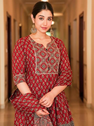 Image of GoSriKi Kurta Set for Women Viscose Blend Printed | Kurti Set for Woman | A-Line Kurta Palazzo Set Women | 2 Piece Set Womens | Round Neck V-Slit Sleeveless Regular Fit Stylish Ethnic Outfit Clothing