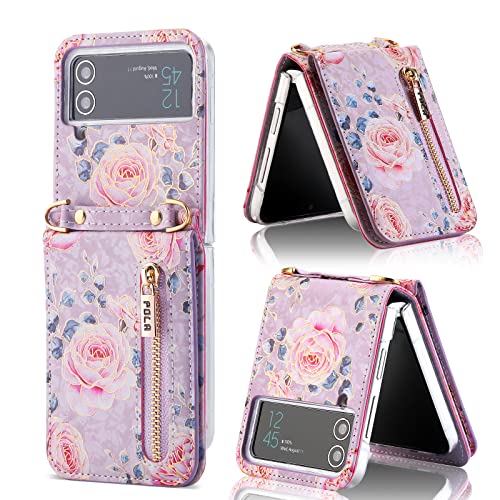 for Samsung Galaxy Z Flip 4 5G Flower Credit Card Holder Wallet Case with Strap, Rose Pattern Crossbody Purse Floral Kickstand for Women, Cute and Charming.(Purple) Purple Galaxy Z Flip 4