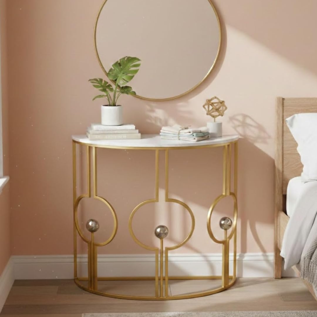 Luxury Half Moon Console Table with Marble Finish Top & Metal Frame – Modern Entryway Sofa Table for Living Room, Hallway & Foyer Décor White Gold-picture-22