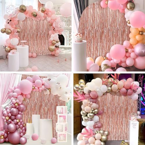 Image of 2 Pack Rose Gold Foil Fringe Curtains Streamers Party Decorations 3.3 x 8.2 ft, Tinsel Curtain Fringe Backdrop for Parties, Door Fringe Birthday Streamers, Photo Booth Backdrops, Party Decor