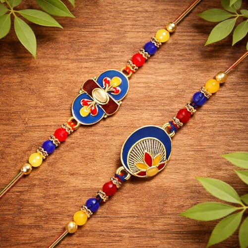 Image of Riddhika Ventures Stylish Kundan and AD Ring Rakhi (Set of 2) with Roli Chawal and Greeting Card || Raksha Bandhan Traditional Festive Gift (B1C1)