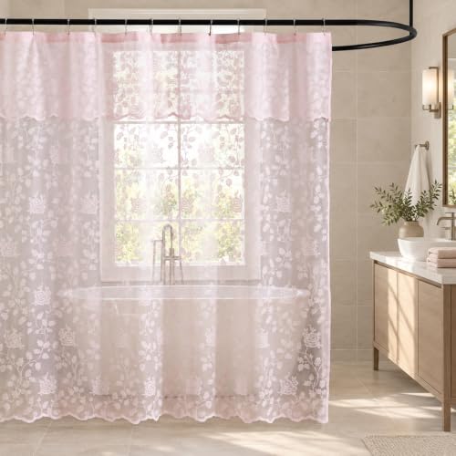 Pink Lace Shower Curtain with Attached Valance, 72 x 72 Inch, 1 Panel