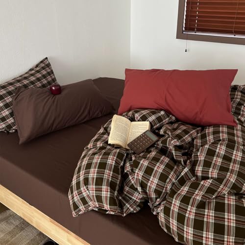 Image of Plaid Duvet Cover Queen Size Red Brown Gingham Duvet Cover Set Vintage Checkered Grid Soft Lightweight Microfiber Bedding Set with Zipper Closure and 2 Pillowcases (No Comforter)
