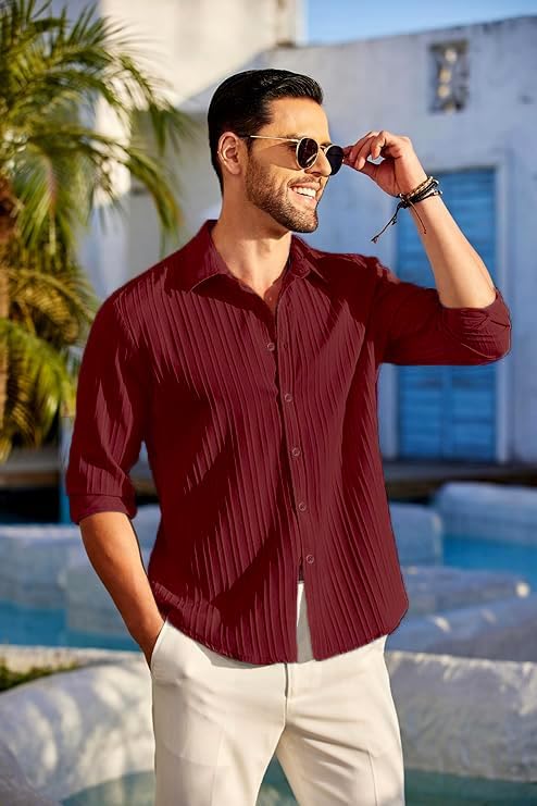 Image of Men's Casual Button Down Linen - Long Sleeve Textured Summer Beach Shirt - Men's Fashionable Lightweight Breathable Stylish Fancy for Vacation