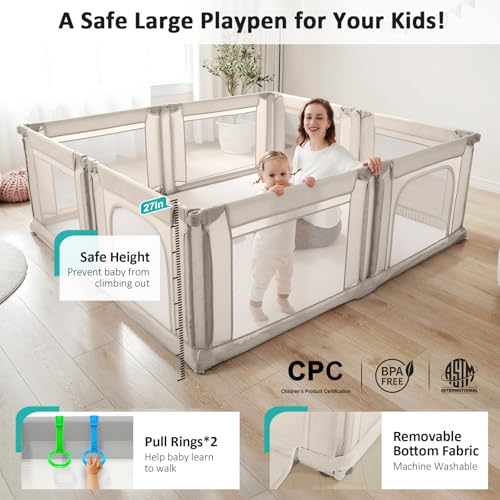 Image of Doradotey Adjustable Baby Playpen with Adult Door, Foldable Large Playpen for Babies and Toddlers, Breathable Mesh Indoor Baby Playard, Safe Fence, 79 x 71 Inch, Cream