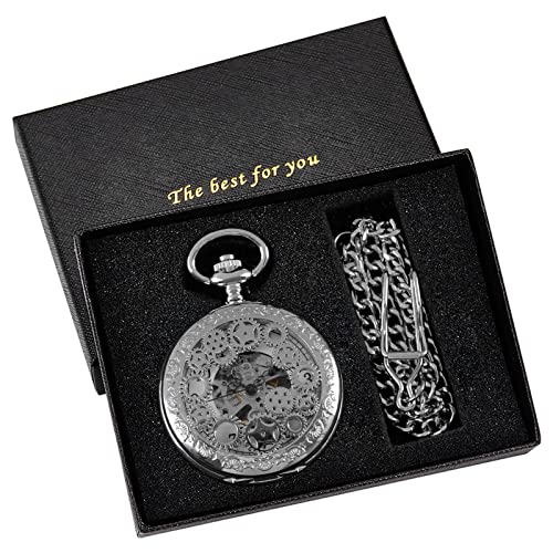 Image of Classic Silver Mechanical Pocket Watch, Roman Numerals Silver Pocket Watch with Chain Box for Men