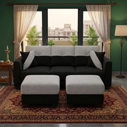 Image of Revola 5 Seater L Shape Sofa Set with 2 Movable Ottomans | Flexible Layout | Luxury Velvet Suede Fabric | Modern Living Room Sofa | Black-Light Grey
